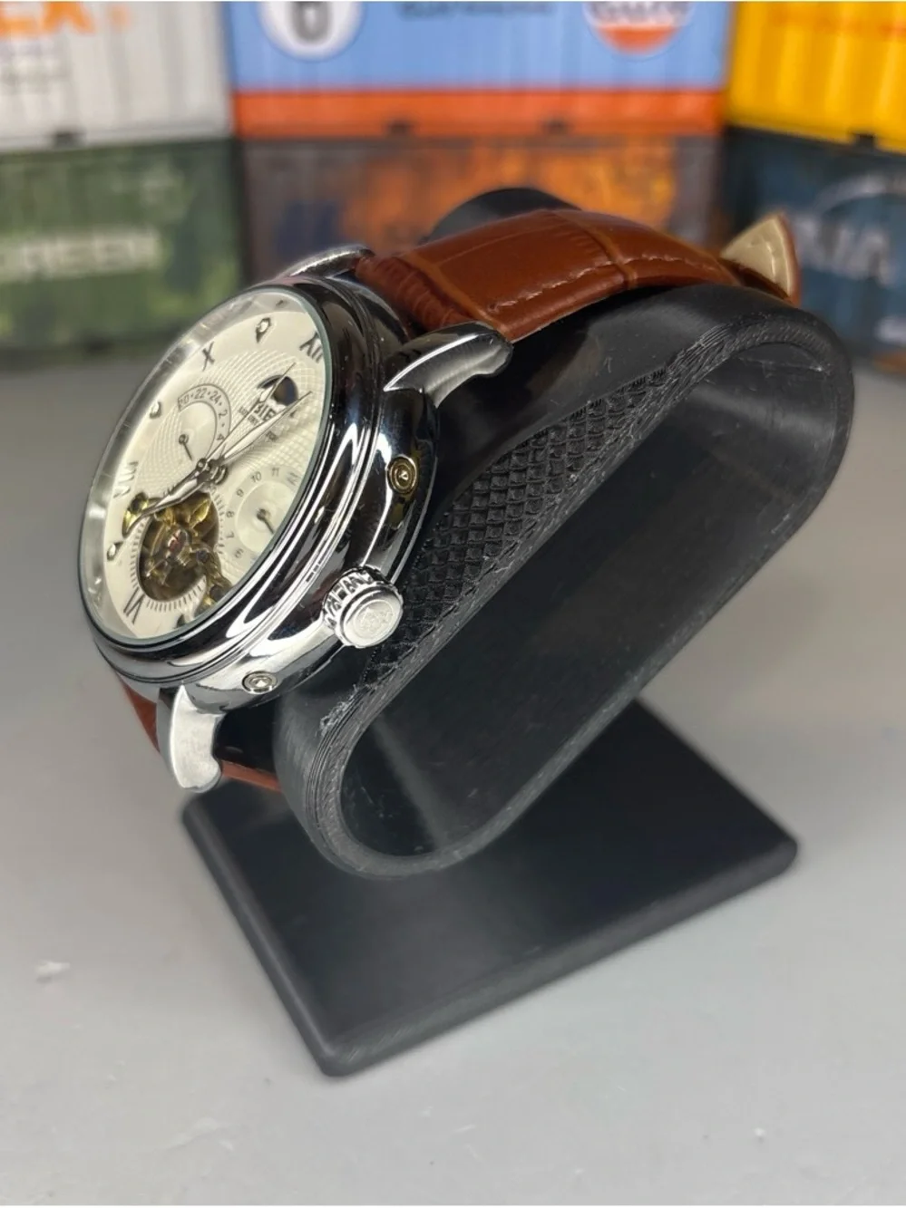BiBi Automatic Cream Dial Skeleton Watch with Brown Leather Strap